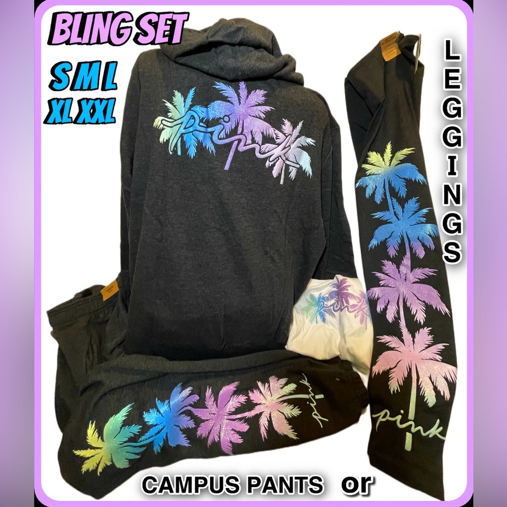 NEW 2pcs Victorias SECRET PINK PALM SHINE ZIP HOODIE  & PANTS RARE SET